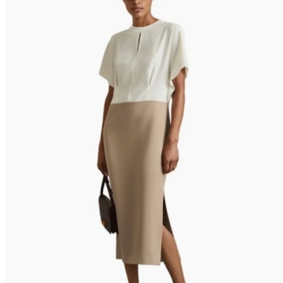 REISS Miller Color Blocked Midi Dress – Ivory/Stone – US 4 – NWT